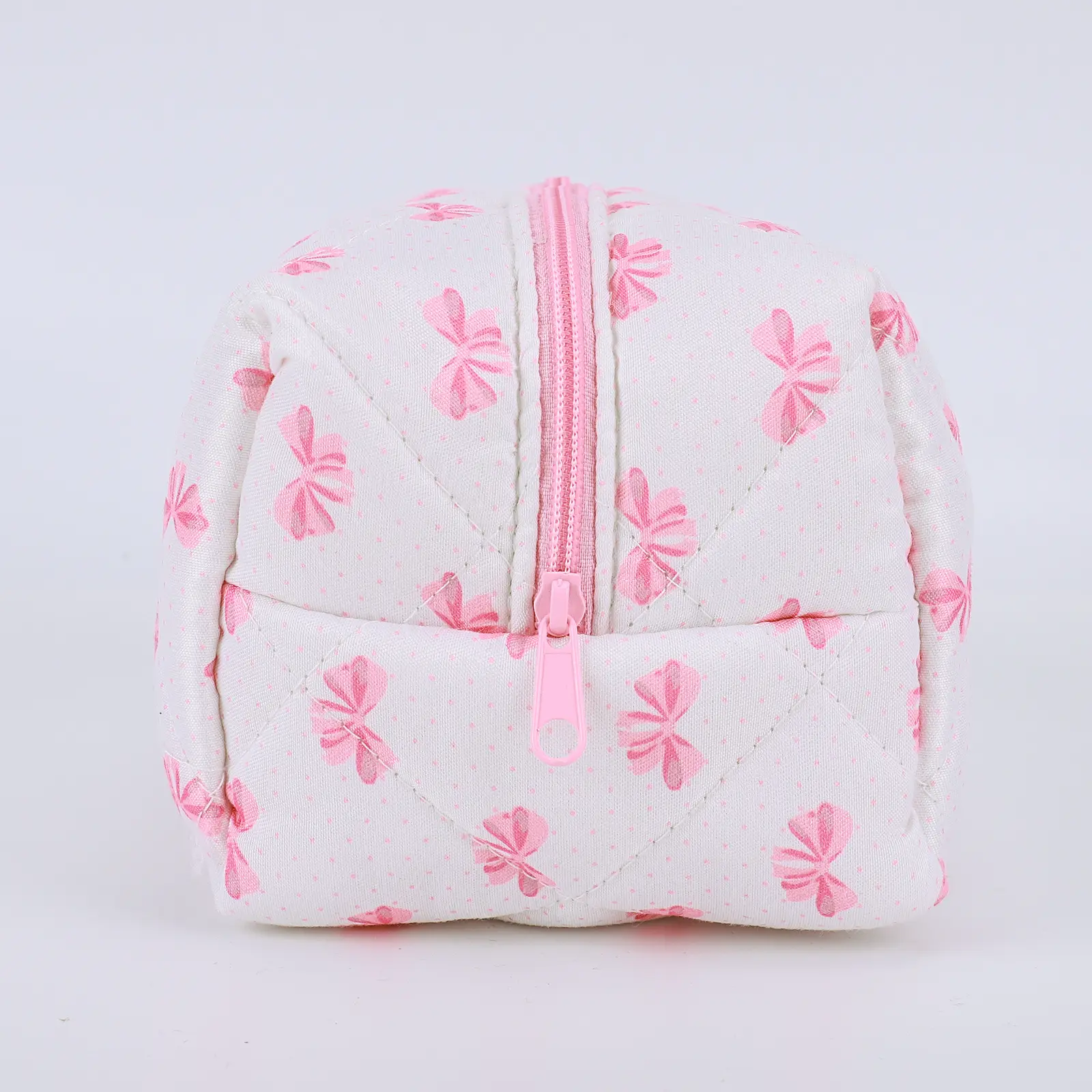 Cute Bow Pattern Makeup Organizer Storage Bag with Zipper Cosmetic Organizer Case Cotton Quilted Aesthetic for Women and Girls