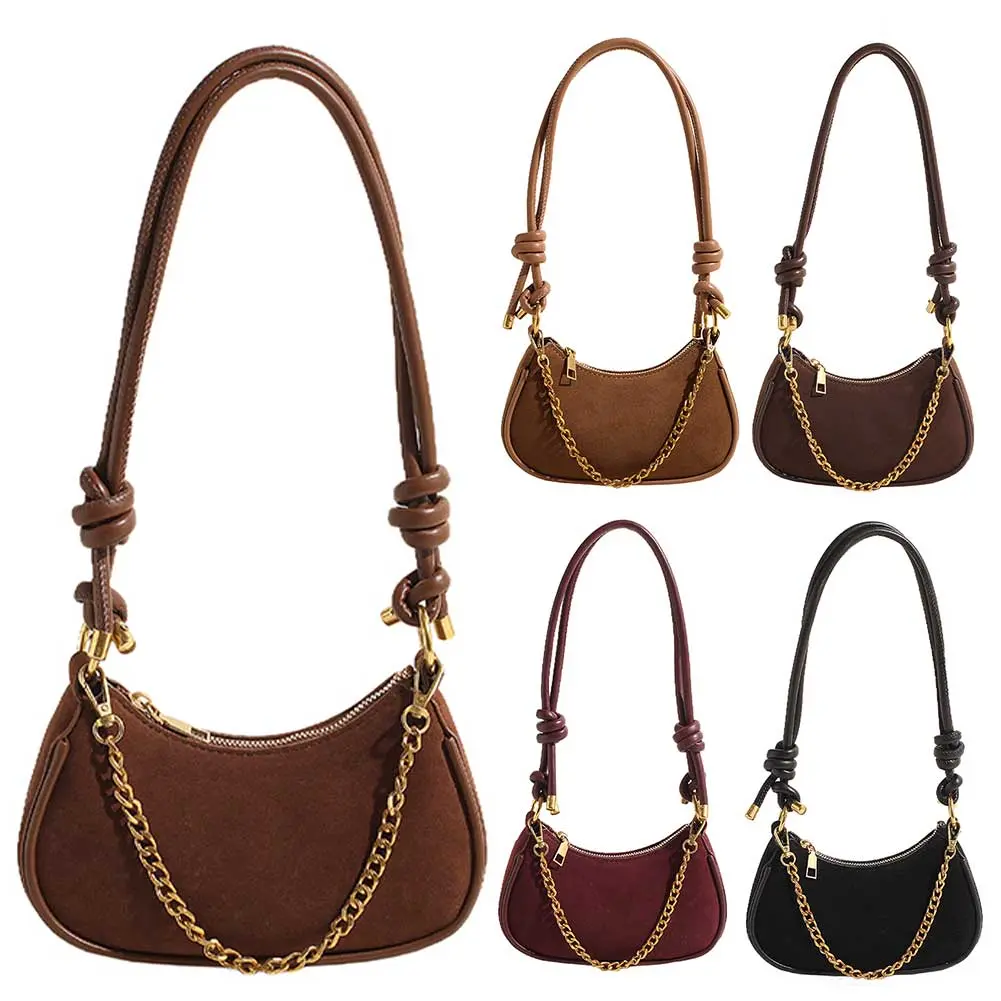 Women Suede Crescent Bag Adjustable Strap Shoulder Bag with Chain Underarm Purse Zipper Clutch Purse for Work Travel