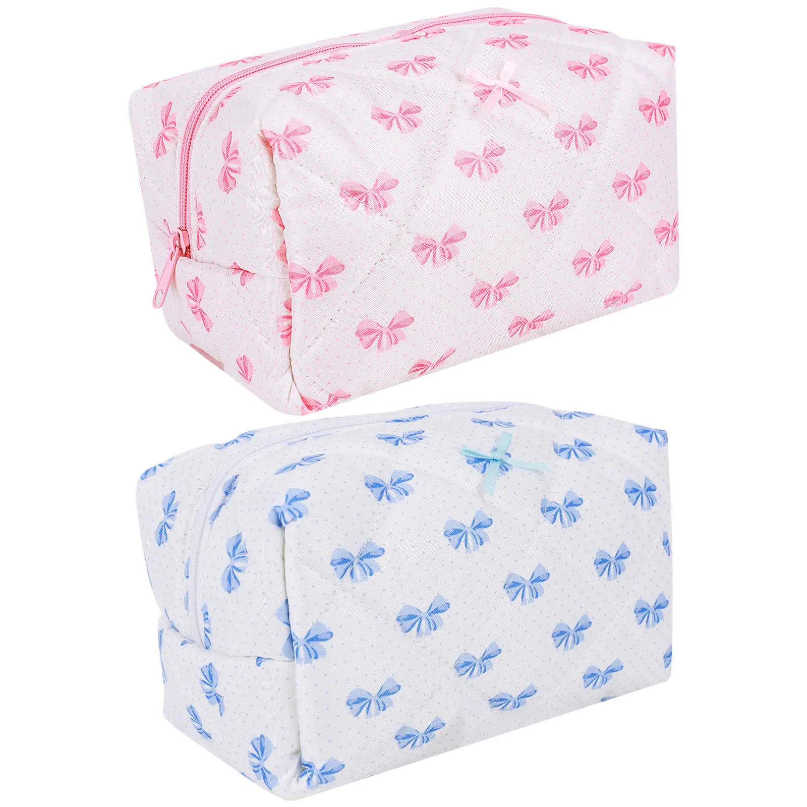 Cute Bow Pattern Cosmetic Bag Cotton Quilted Makeup Organizer Storage Bag Aesthetic Cosmetic Organizer Case for Women and Girls