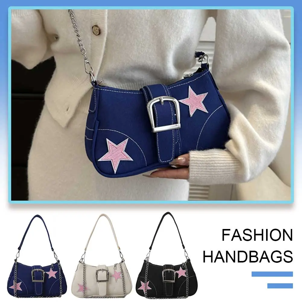 Star Chain Shoulder Bag Y2k Women Crescent Bag Casual Satchel Hobo Bag Versatile Canvas Tote Bag Girl Stylish Purses