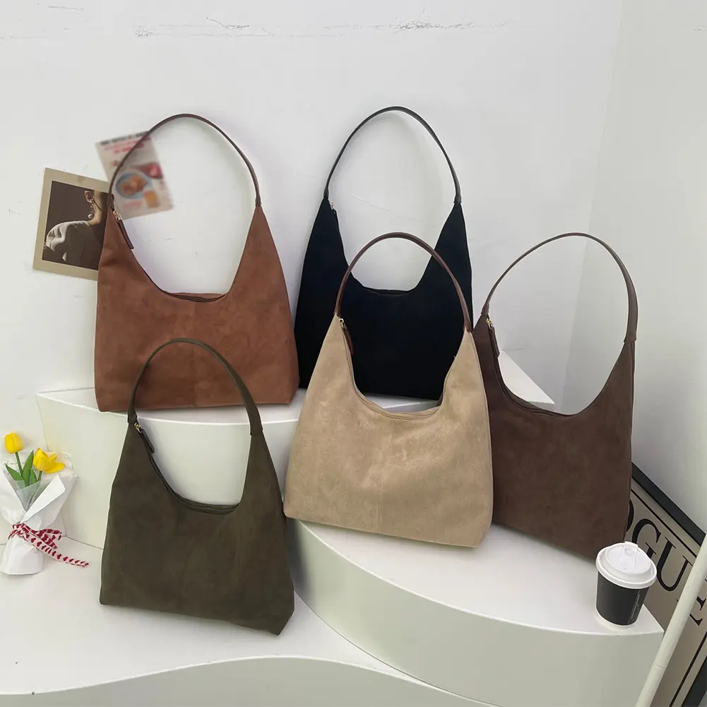 Women Suede Shoulder Bag Zipper Closure Tote Bag with Multi-Pockets Crescent Bag Large Capacity Handbag for Work Travel