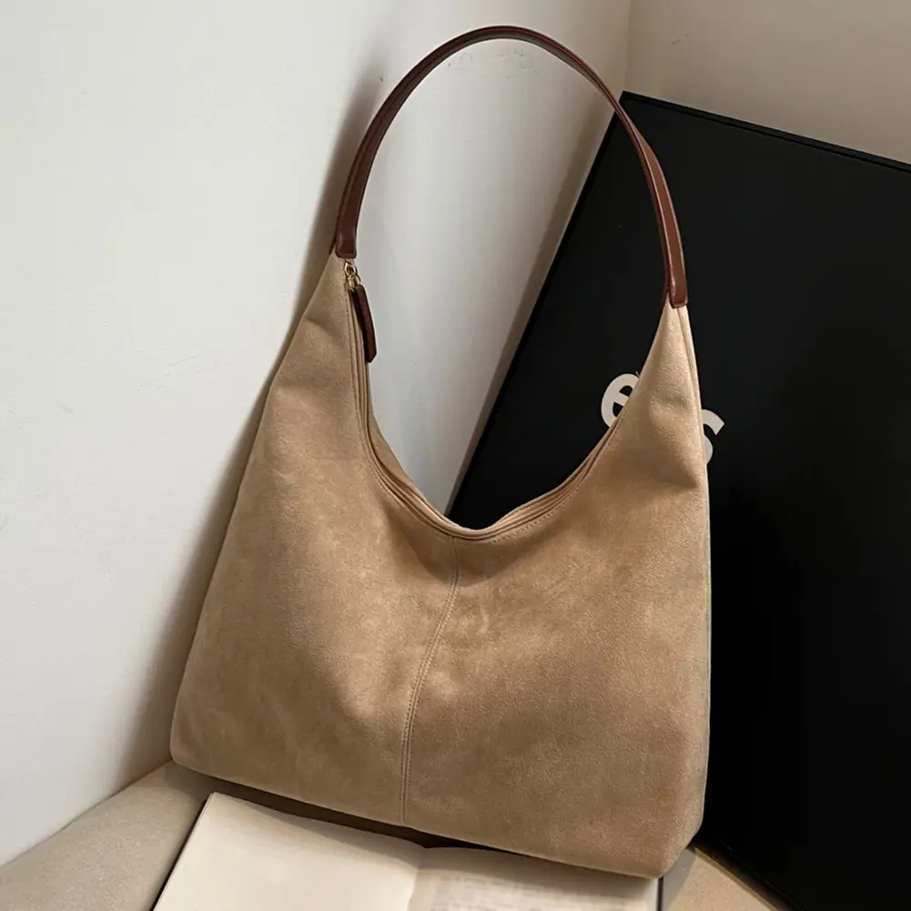 Women Suede Shoulder Bag Zipper Closure Tote Bag with Multi-Pockets Crescent Bag Large Capacity Handbag for Work Travel