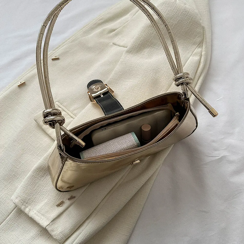 Women Crossbody Bag Large Capacity Bright PU Underarm Bags Knotted Straps Fashion Simple Solid Portable Ladies Shopping Bag