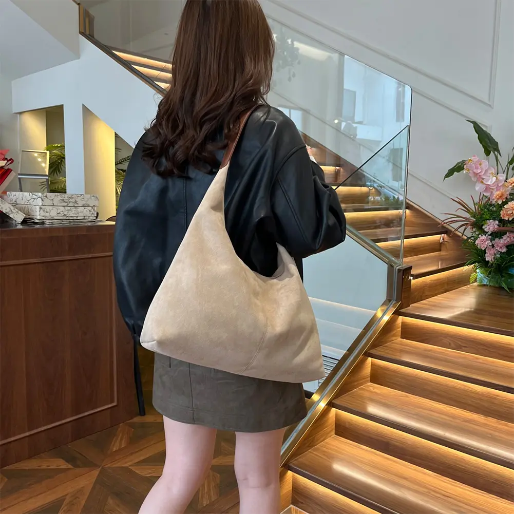 Women Suede Shoulder Bag Zipper Closure Tote Bag with Multi-Pockets Crescent Bag Large Capacity Handbag for Work Travel