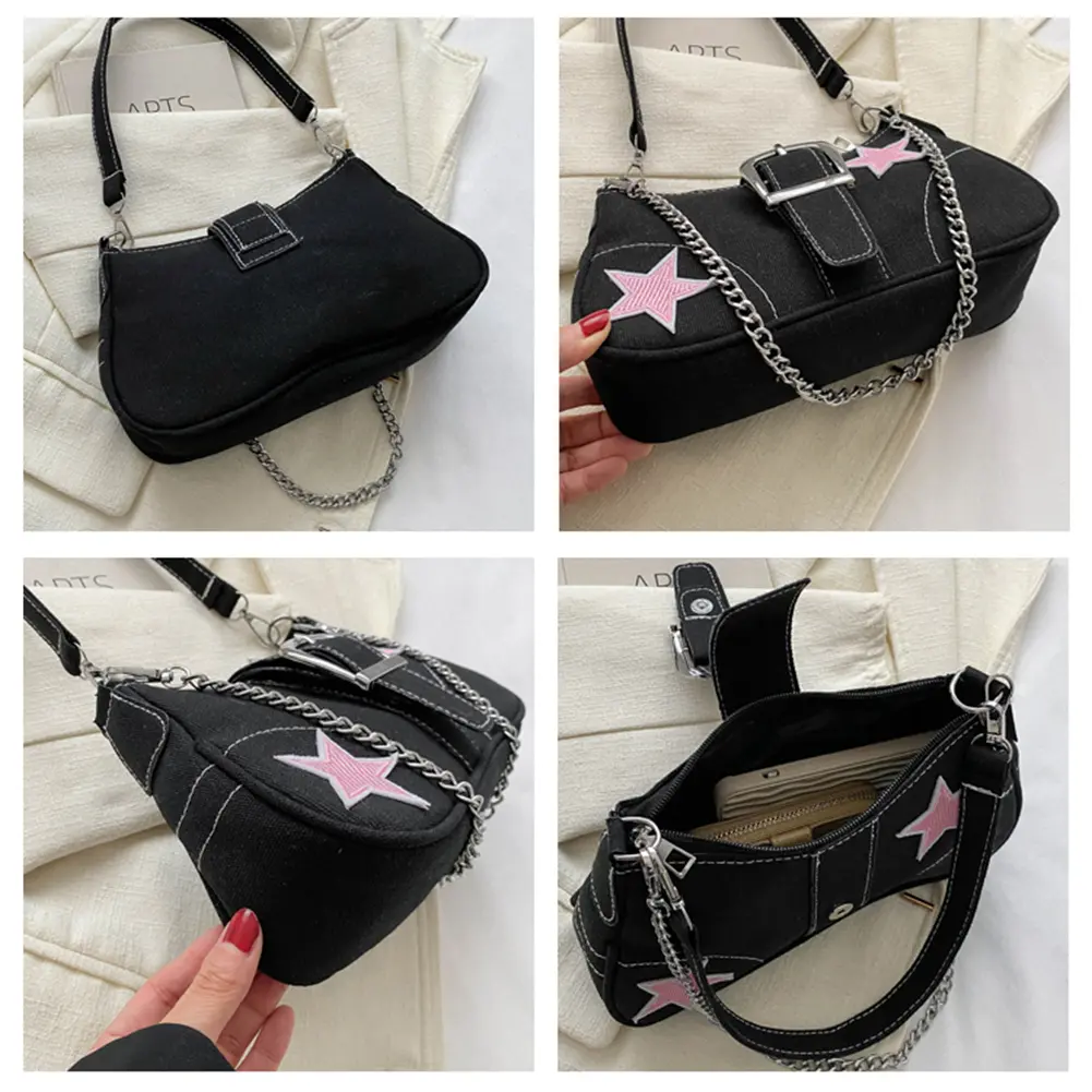 Star Chain Shoulder Bag Y2k Women Crescent Bag Casual Satchel Hobo Bag Versatile Canvas Tote Bag Girl Stylish Purses