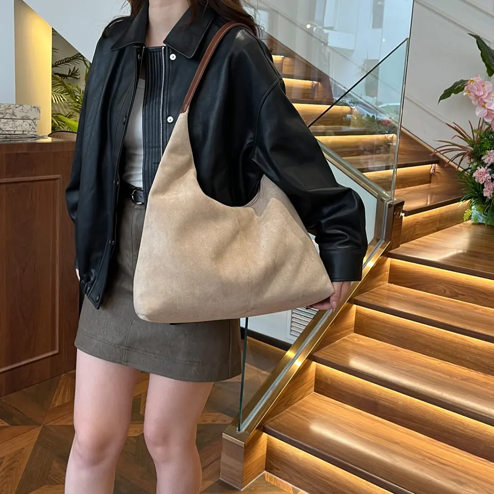 Women Suede Shoulder Bag Zipper Closure Tote Bag with Multi-Pockets Crescent Bag Large Capacity Handbag for Work Travel