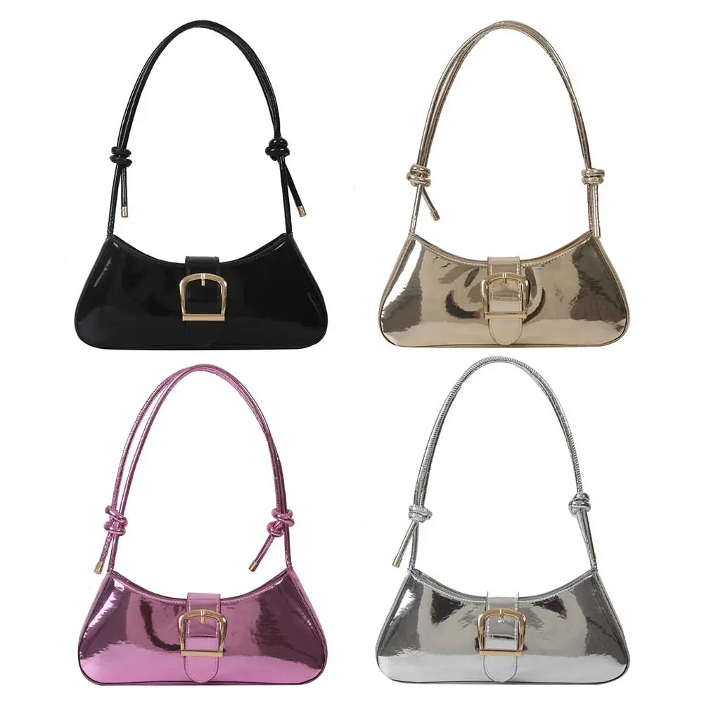 Women Crossbody Bag Large Capacity Bright PU Underarm Bags Knotted Straps Fashion Simple Solid Portable Ladies Shopping Bag