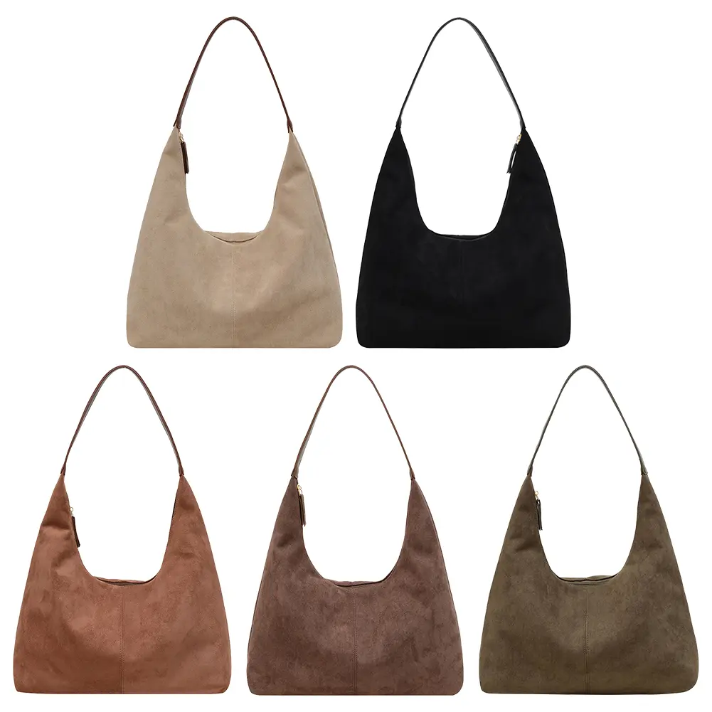 Women Suede Shoulder Bag Zipper Closure Tote Bag with Multi-Pockets Crescent Bag Large Capacity Handbag for Work Travel