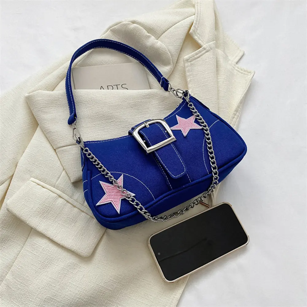 Star Chain Shoulder Bag Y2k Women Crescent Bag Casual Satchel Hobo Bag Versatile Canvas Tote Bag Girl Stylish Purses
