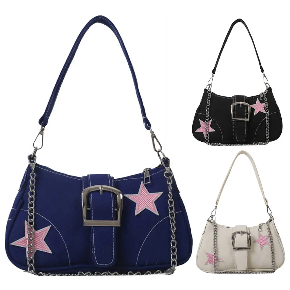 Star Chain Shoulder Bag Y2k Women Crescent Bag Casual Satchel Hobo Bag Versatile Canvas Tote Bag Girl Stylish Purses