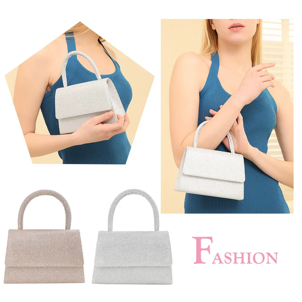 Women Mini Elegant Handbag Solid Color Sequins Glittering Wrist Bag Versatile Evening Top-Handle Bag Dinner Party Wedding Bag