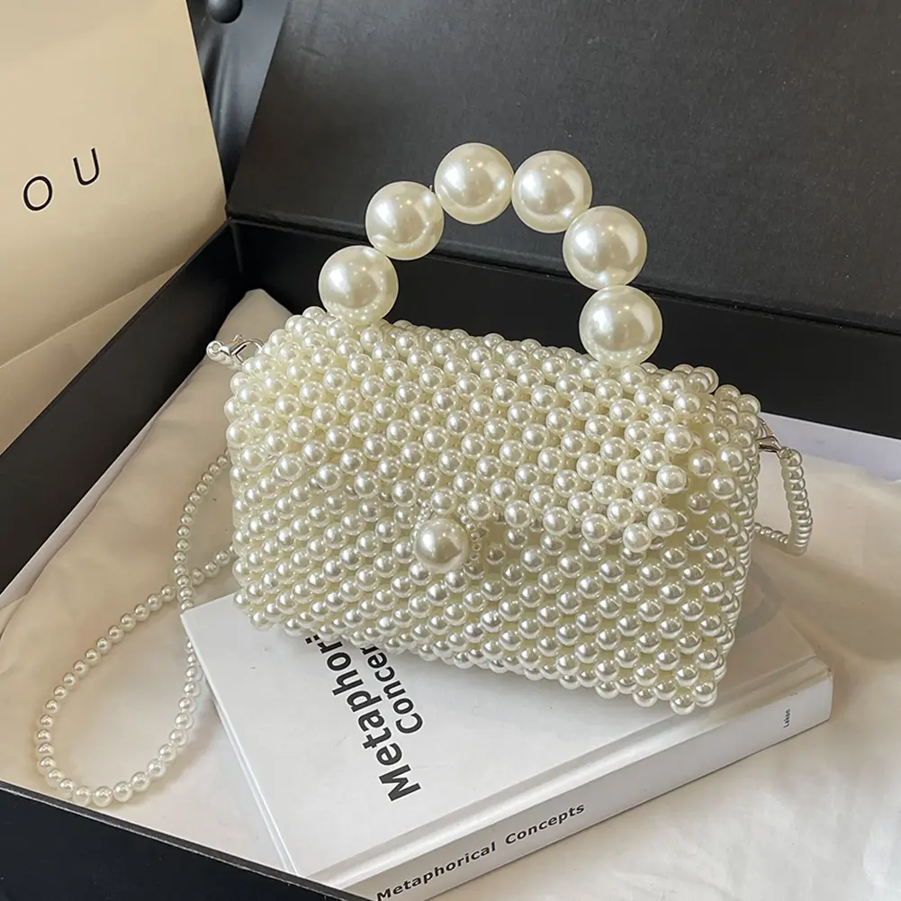Pearl Beaded Clutch Bag Handmade Woven Women Shoulder Bag Handbag Clutch Purse Wedding Party Dinner Bag