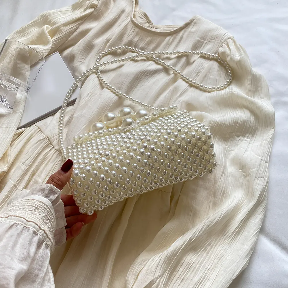 Pearl Beaded Clutch Bag Handmade Woven Women Shoulder Bag Handbag Clutch Purse Wedding Party Dinner Bag