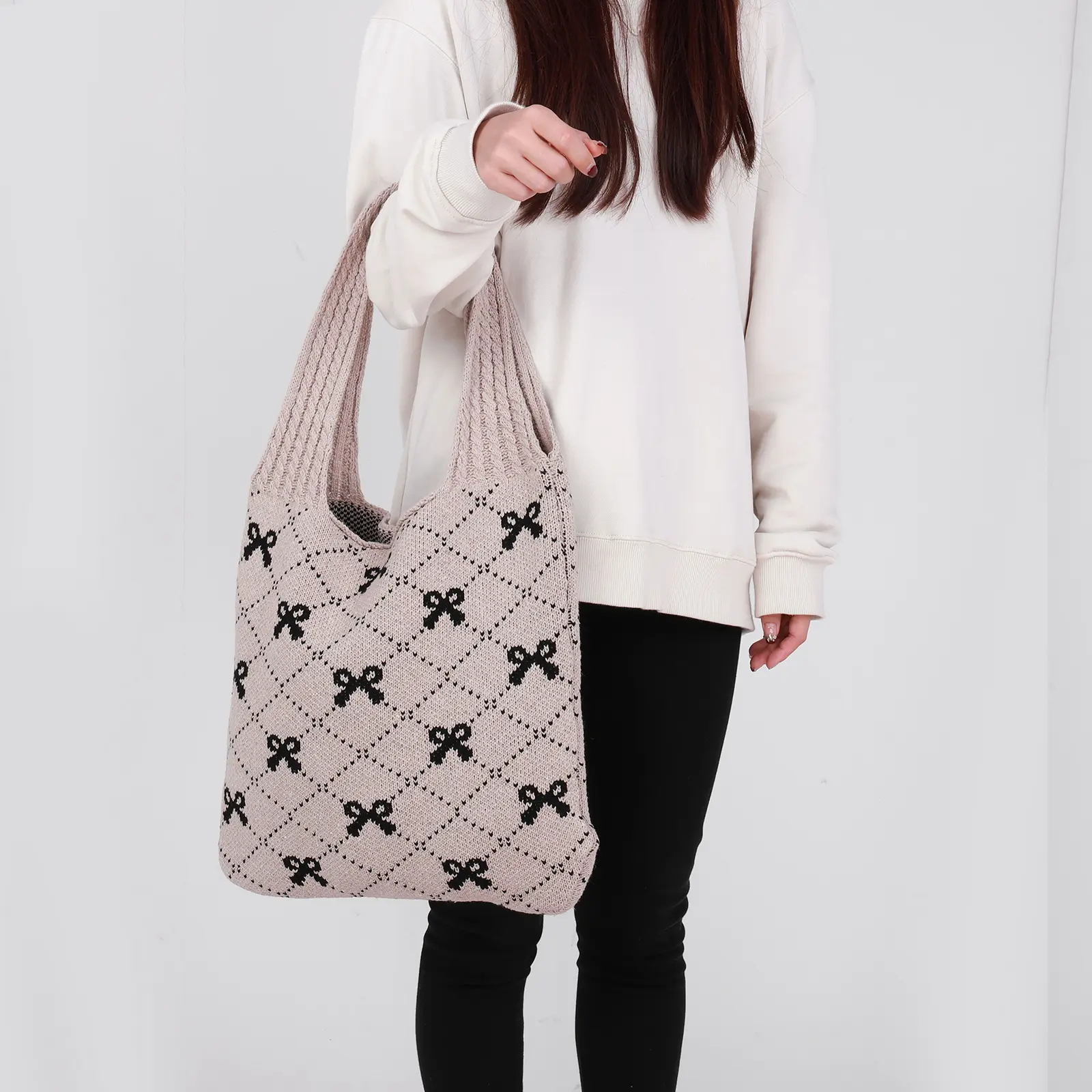 Women Crochet Tote Handbag Large Capacity Knitting Shoulder Bag Contrast Color Travel Shopping Handbag Ladies Daily Handbag