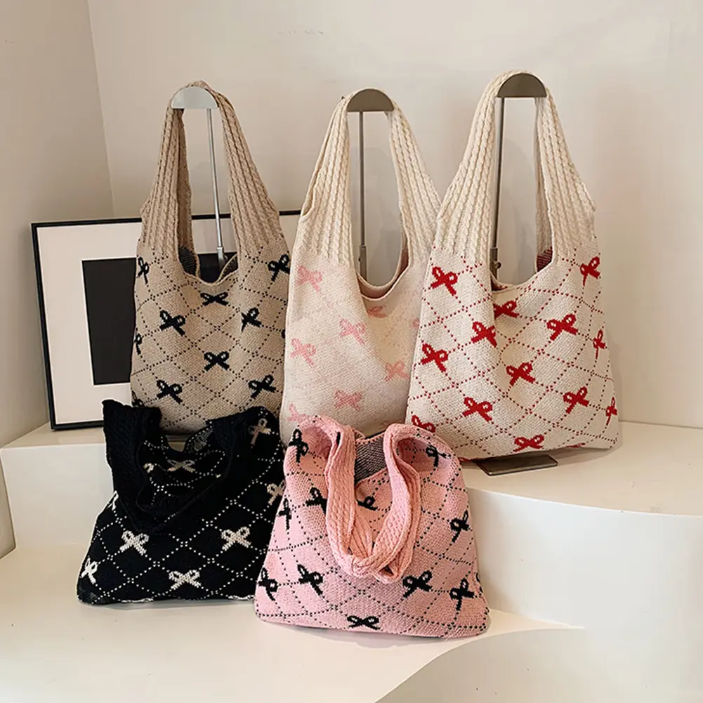 Women Crochet Tote Handbag Large Capacity Knitting Shoulder Bag Contrast Color Travel Shopping Handbag Ladies Daily Handbag