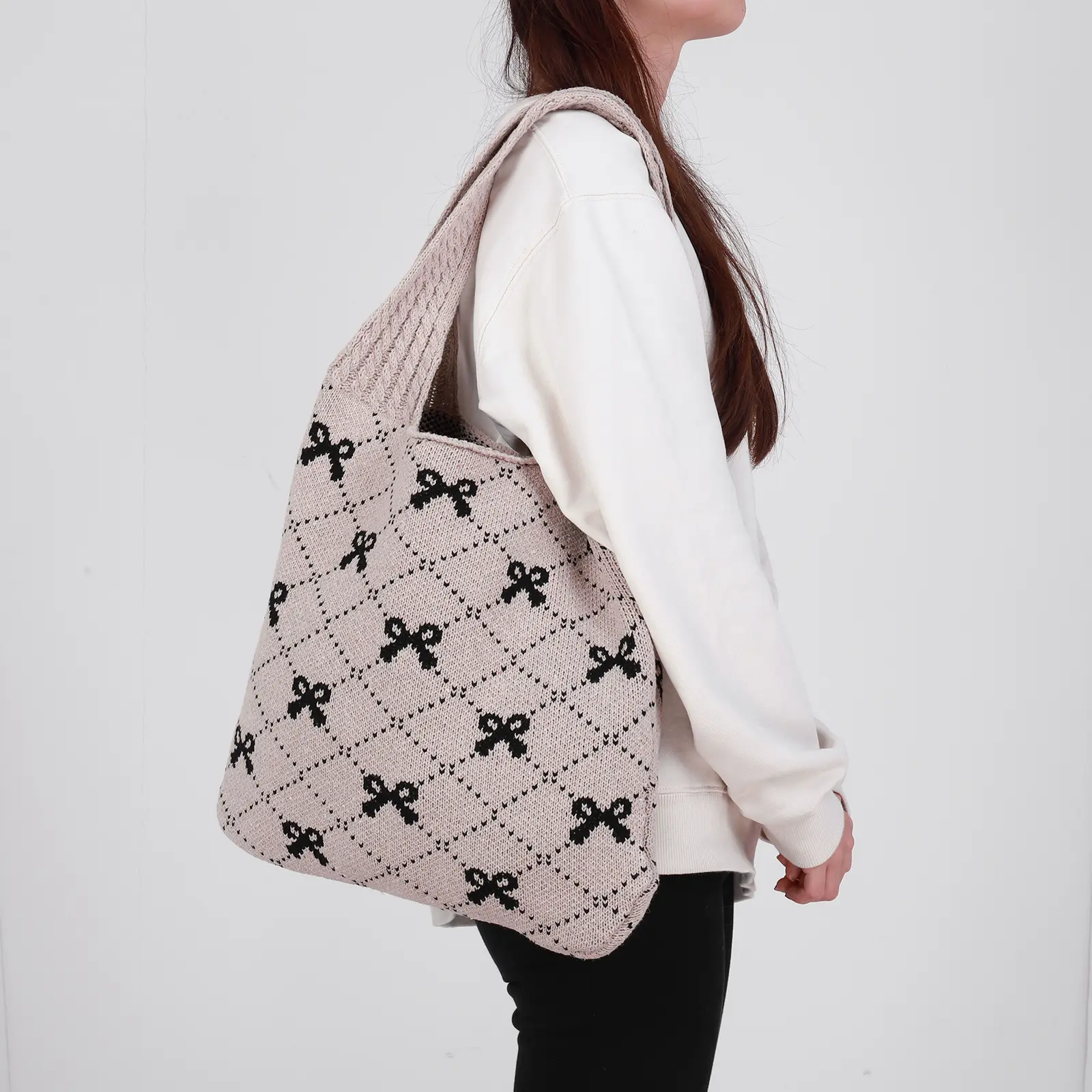 Women Crochet Tote Handbag Large Capacity Knitting Shoulder Bag Contrast Color Crochet Grocery Bag Ladies Daily Handbag
