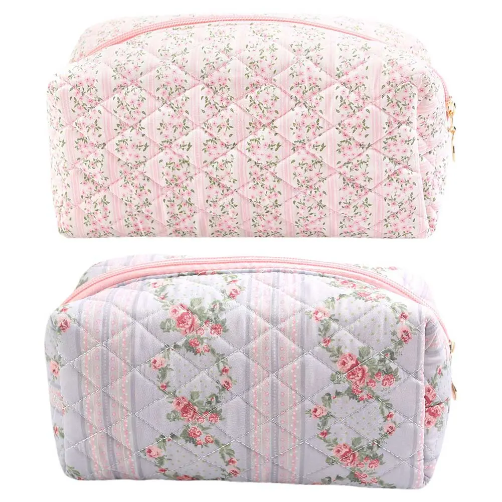 Women Floral Cosmetic Bag Large Capacity Cotton Padded Organizer Bag Zipper Closure Quilted Makeup Handbag Girls Daily Handbag