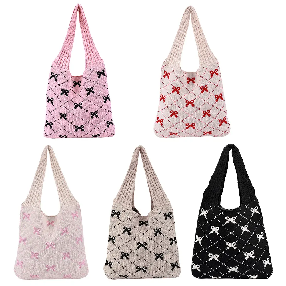 Women Crochet Tote Handbag Large Capacity Knitting Shoulder Bag Contrast Color Travel Shopping Handbag Ladies Daily Handbag