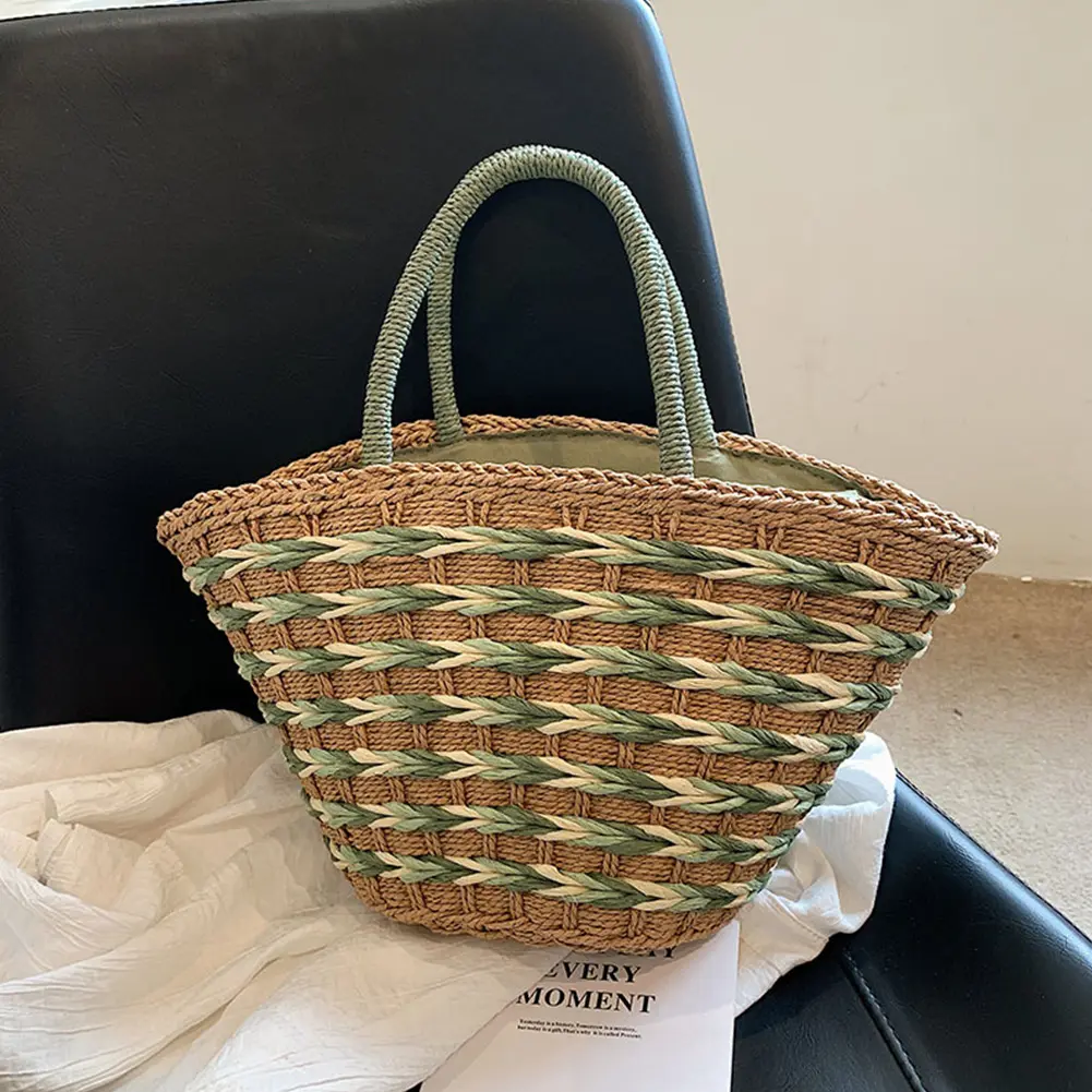 Women Straw Woven Tote Bag Handwoven Shoulder Bag Large Capacity Handmade Straw Bag Weaving Shoulder Bag for Travel Vacation