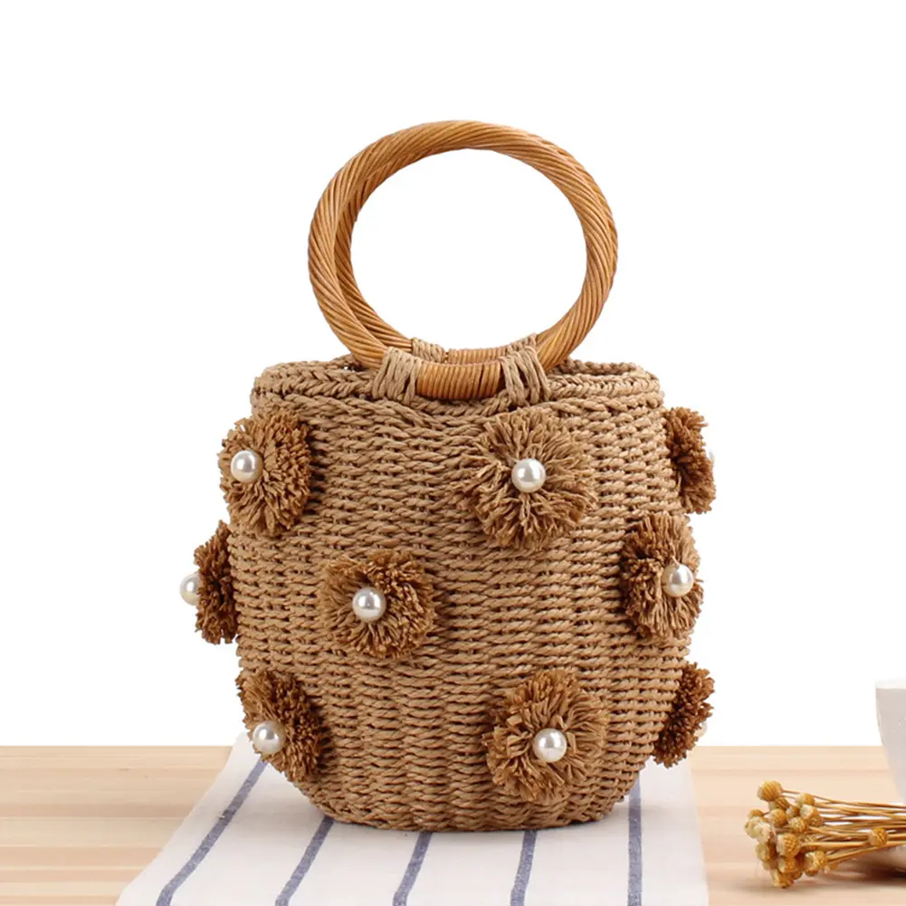 Women Straw Tote Handbag with Pearls Handmade Woven Bag Drawstring Wrist Purse Summer Holiday Beach Bag