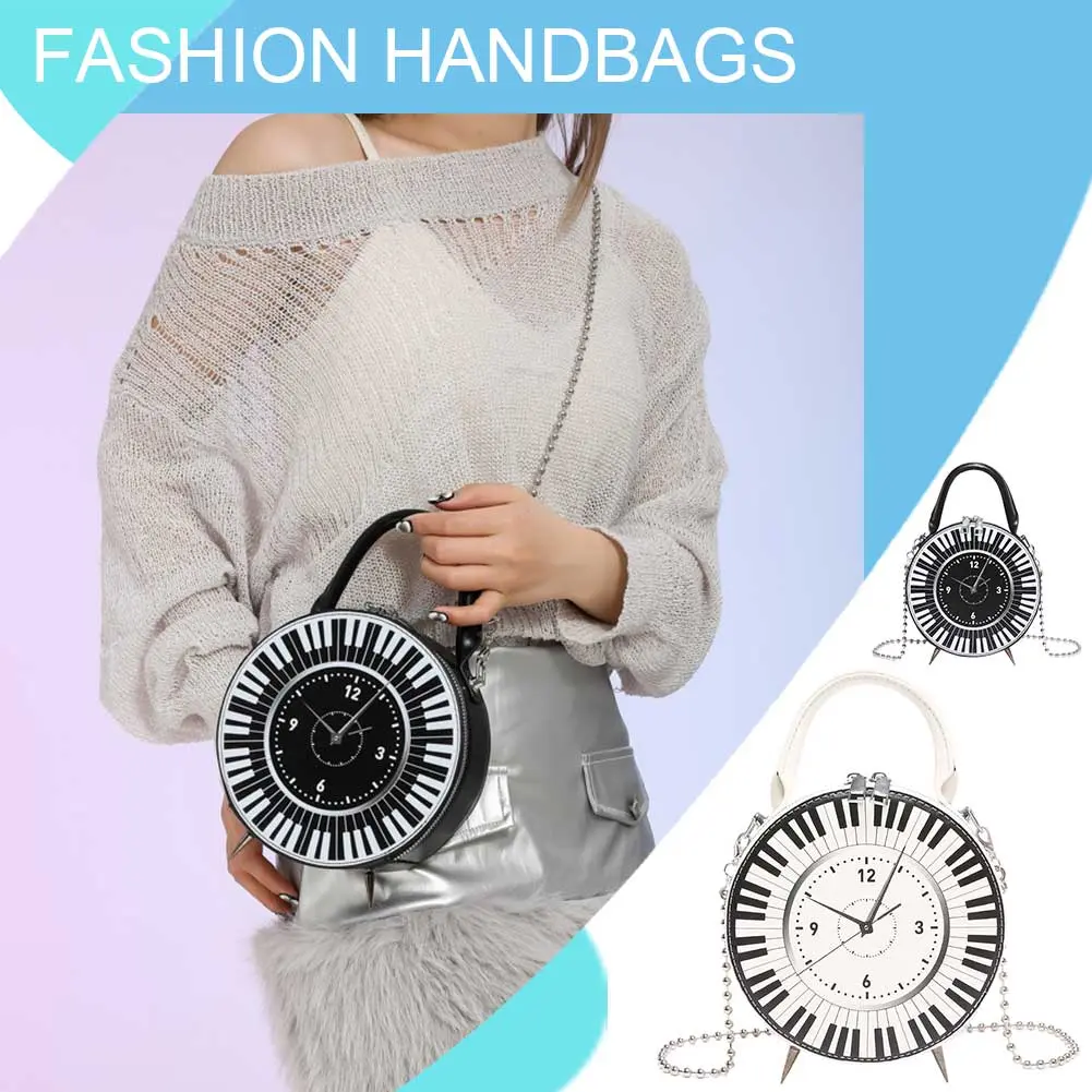 Women PU Creative Round Clock Bag Large Capacity Retro Clock Dial Handbag Black White Piano Clock Shoulder Purse Top Handle Bag