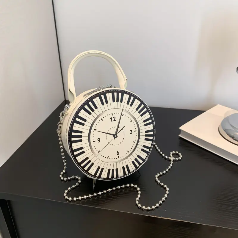 Women PU Creative Round Clock Bag Large Capacity Retro Clock Dial Handbag Black White Piano Clock Shoulder Purse Top Handle Bag