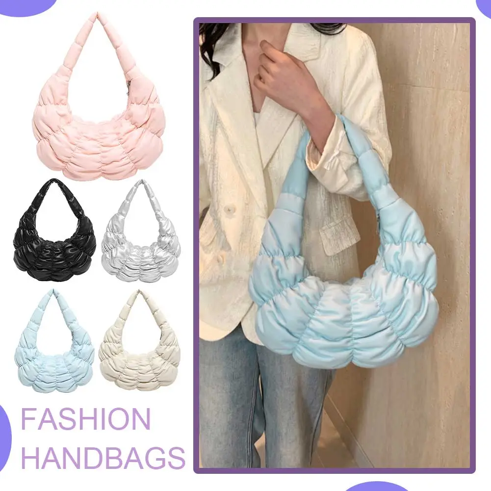 Women Fashion Shoulder Bag Large Capacity PU Pleated Underarm Bag Cloud Tote Purse Solid Color for Outdoor Travel