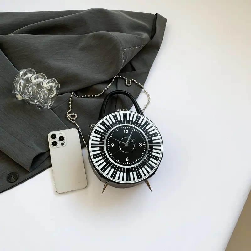Women PU Creative Round Clock Bag Large Capacity Retro Clock Dial Handbag Black White Piano Clock Shoulder Purse Top Handle Bag