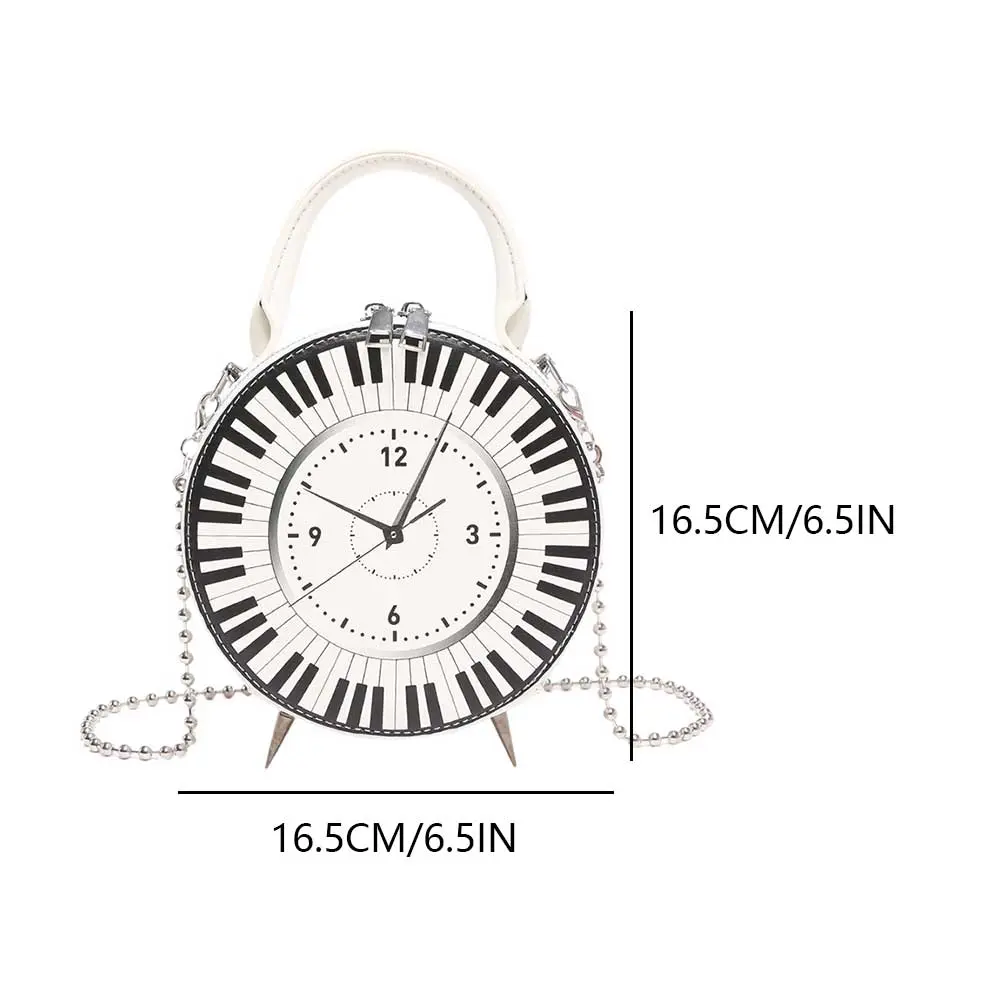 Women PU Creative Round Clock Bag Large Capacity Retro Clock Dial Handbag Black White Piano Clock Shoulder Purse Top Handle Bag