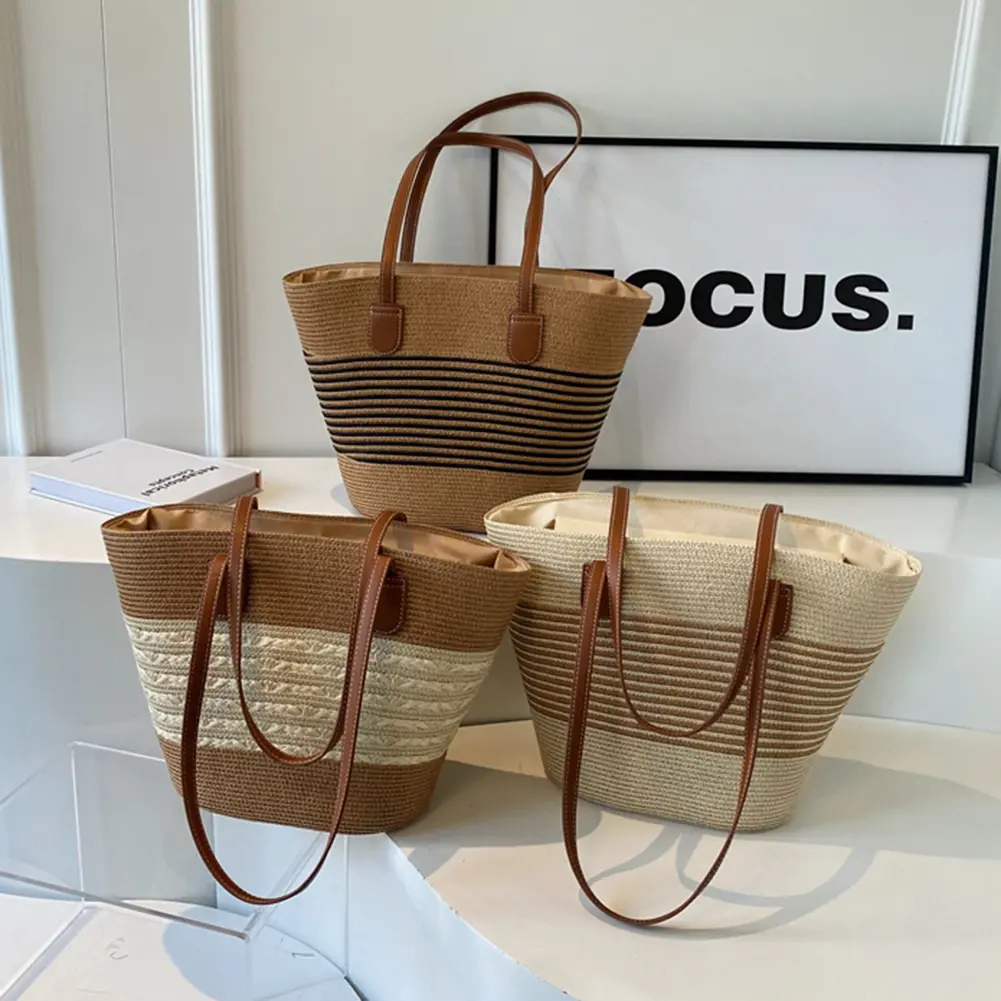 Women Shoulder Bag with Zipper Stripe Woven Fashion Tote Bag Large Capacity Summer Daily Bag Solid Color for Shopping Work