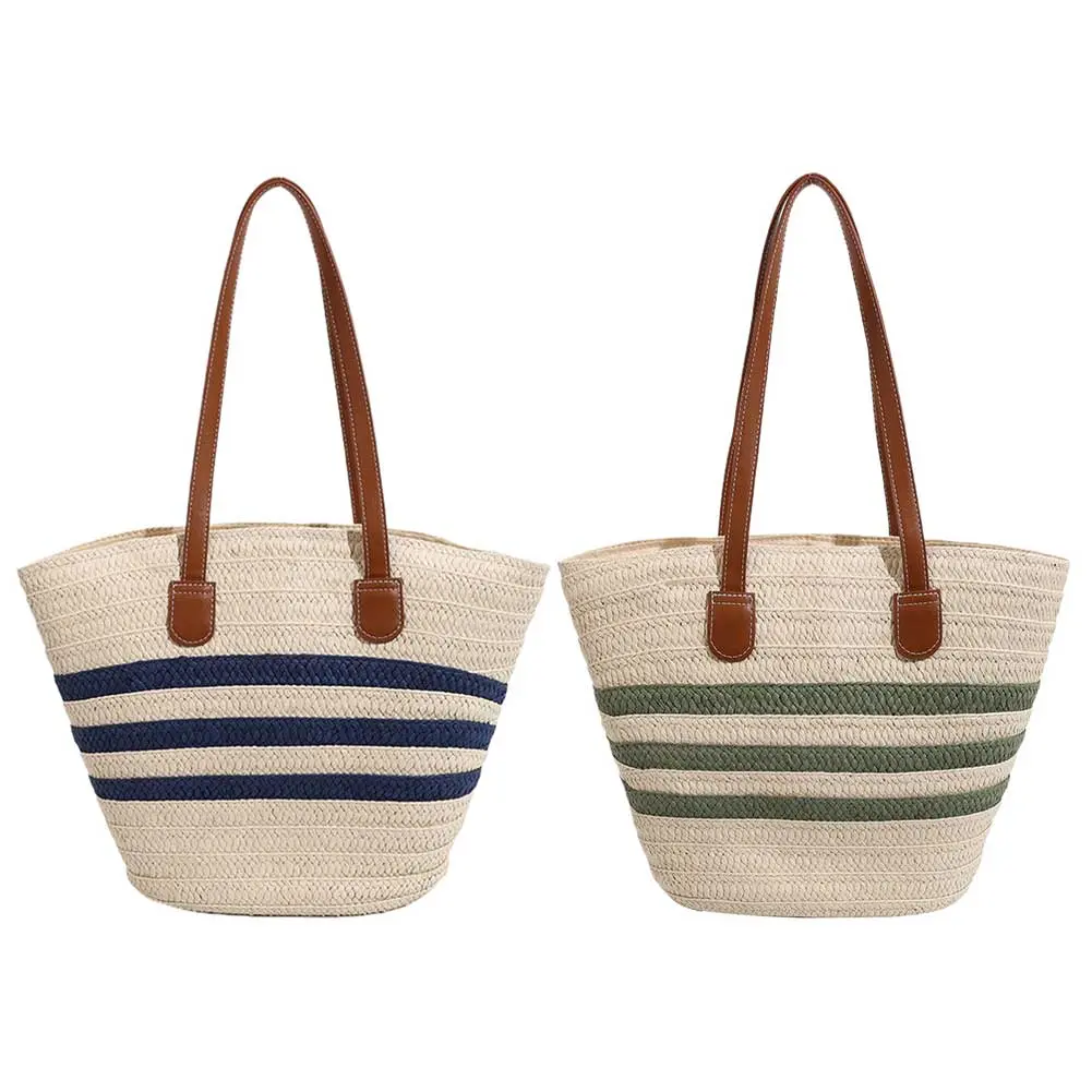 Women Straw Shoulder Bag Color Contrast Weaving Travel Bag Large Capacity Simple Shoulder Bag Ladies Summer Daily Bag