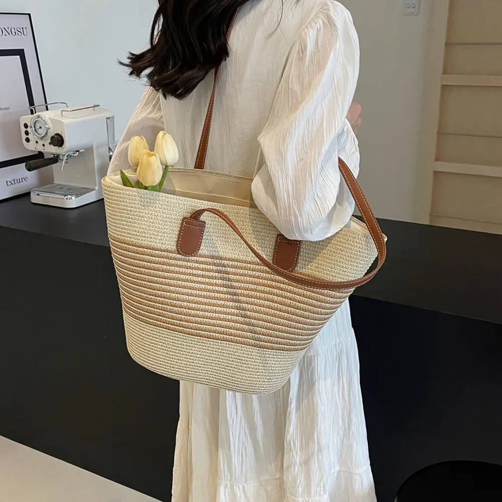 Women Shoulder Bag with Zipper Stripe Woven Fashion Tote Bag Large Capacity Summer Daily Bag Solid Color for Shopping Work