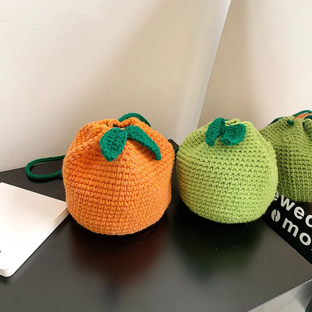 Female Crocheted Purse Drawstring Crossbody Bag Orange Shape Cute Fruit Pouch Daily Bag for Girls Women