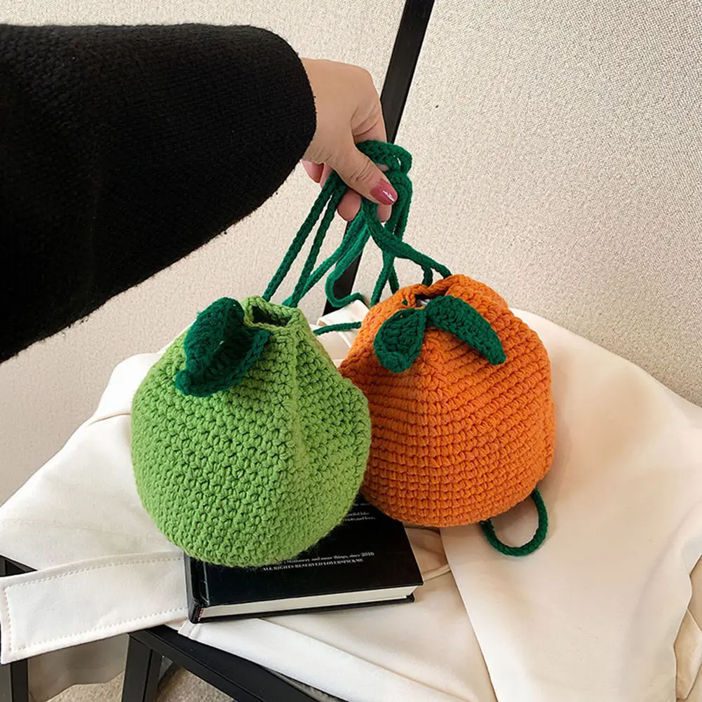Female Crocheted Purse Drawstring Crossbody Bag Orange Shape Cute Fruit Pouch Daily Bag for Girls Women