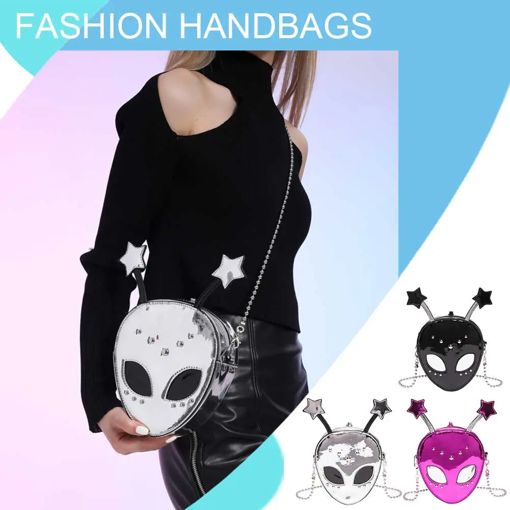 Removable Chain Women Handbag PU Leather Alien Pattern Shoulder Purse Halloween Style Satchel Purse for Shopping Travel