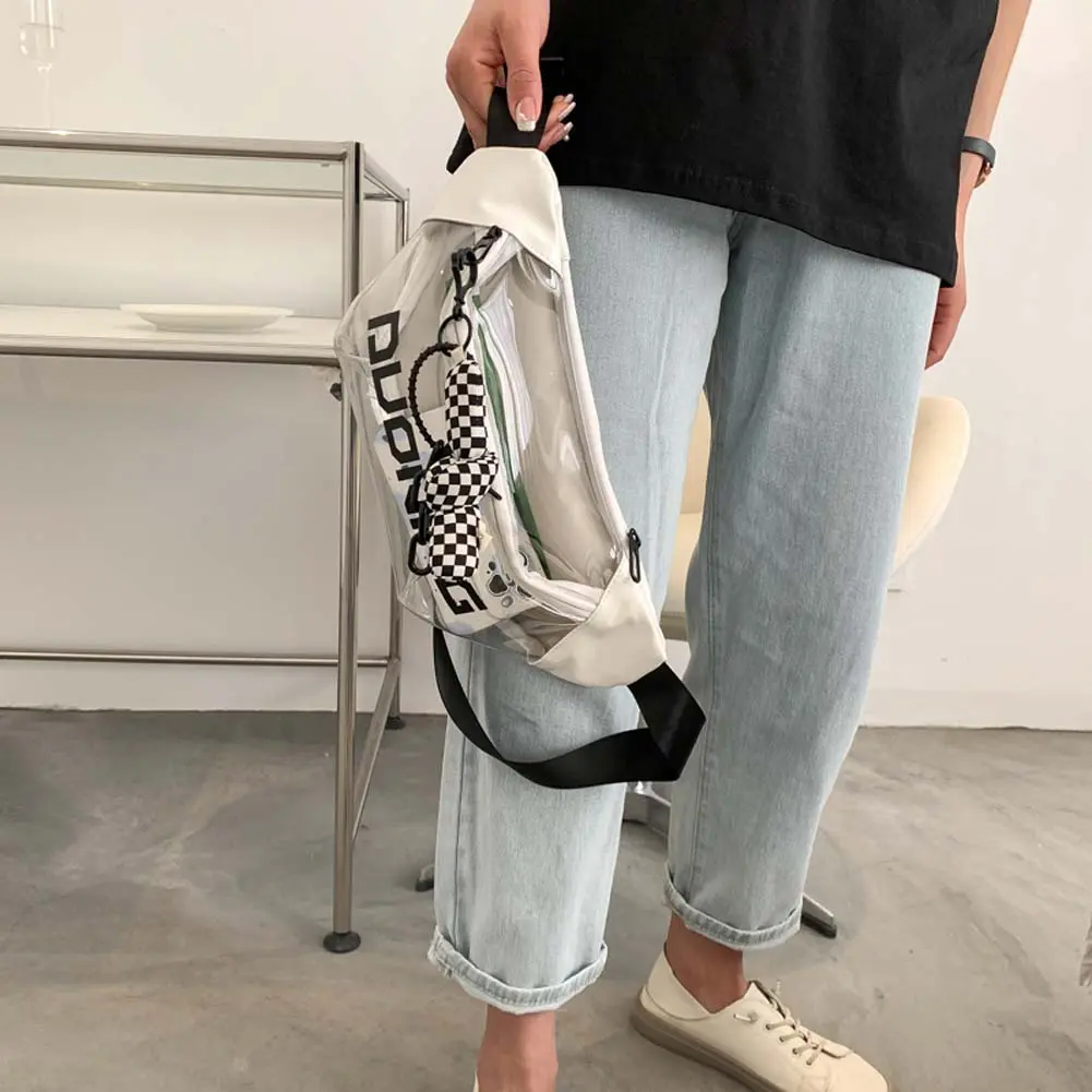 Fashion Crossbody Bag Multi-functional Clear PVC Messenger Bag Letter Printed with Pendant Adjustable Buckle Strap for Women Men