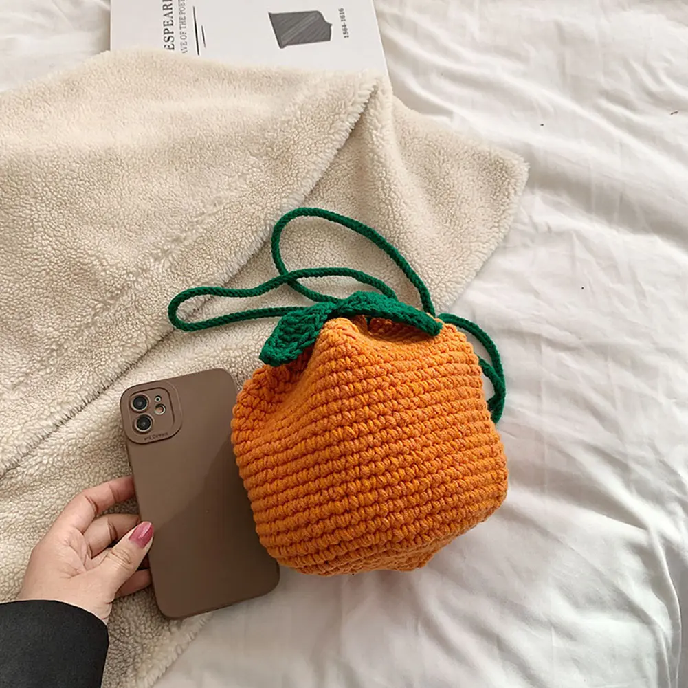 Female Crocheted Purse Drawstring Crossbody Bag Orange Shape Cute Fruit Pouch Daily Bag for Girls Women