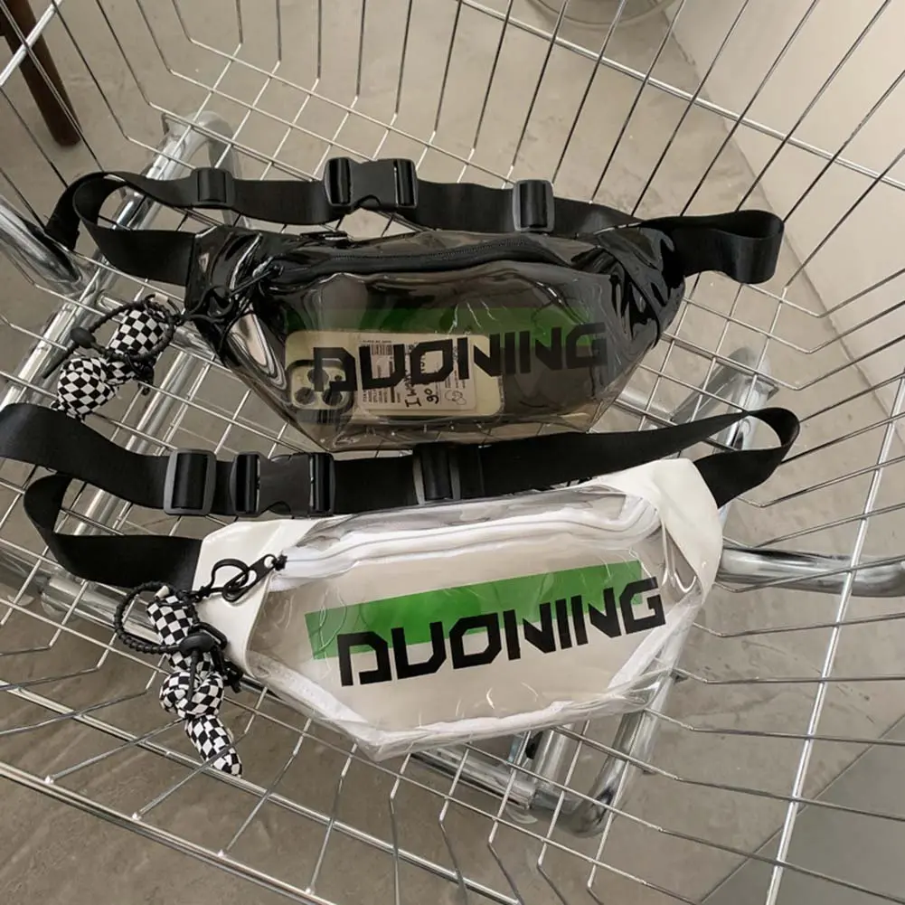 Fashion Crossbody Bag Multi-functional Clear PVC Messenger Bag Letter Printed with Pendant Adjustable Buckle Strap for Women Men