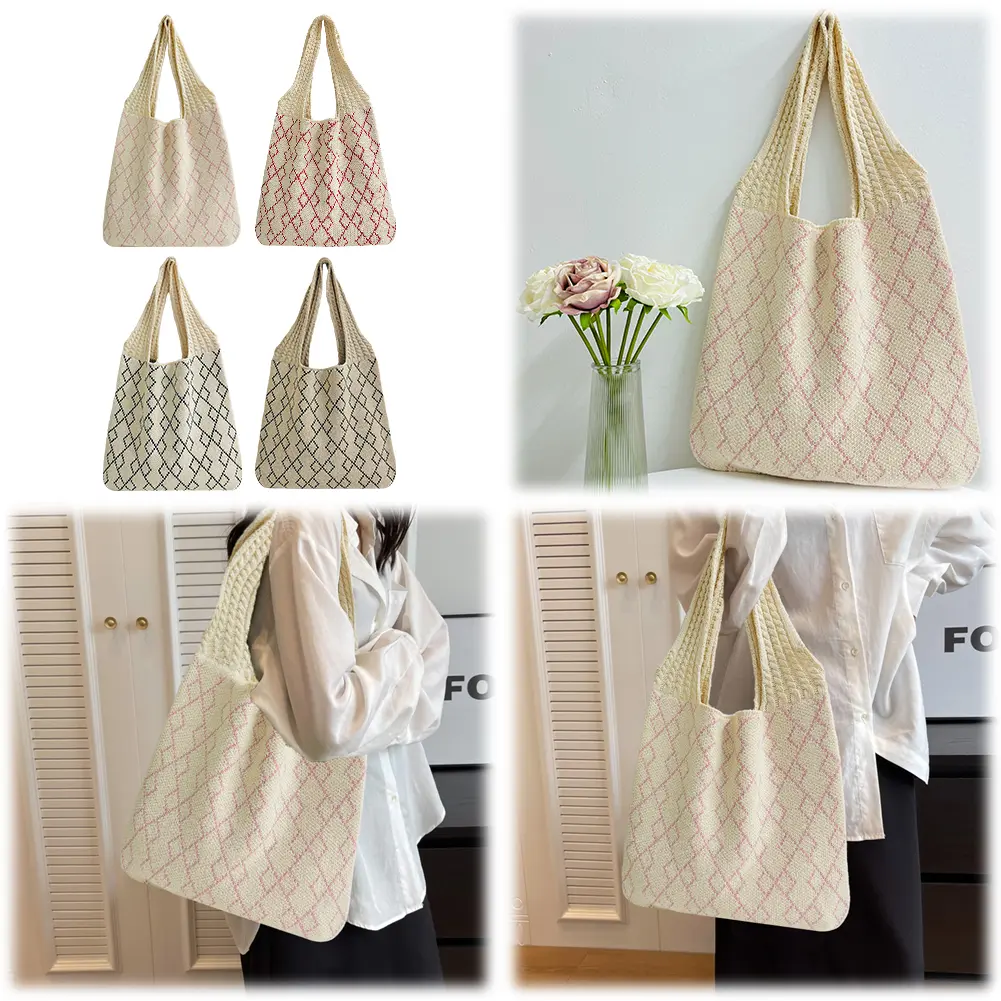 Crochet Tote Bag Mesh Knitted Bag Aesthetic Knit Bag Hollow Hobo Bag for Women Work Shopping Travel