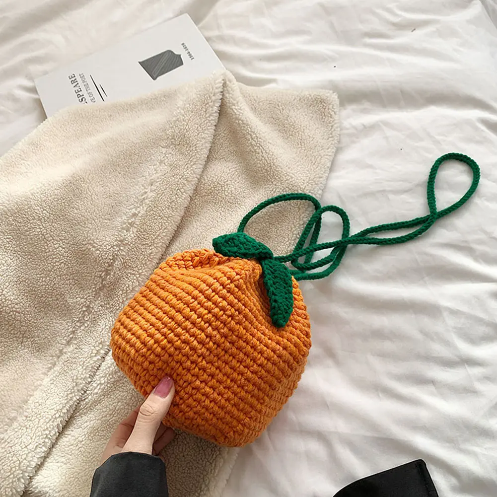 Female Crocheted Purse Drawstring Crossbody Bag Orange Shape Cute Fruit Pouch Daily Bag for Girls Women