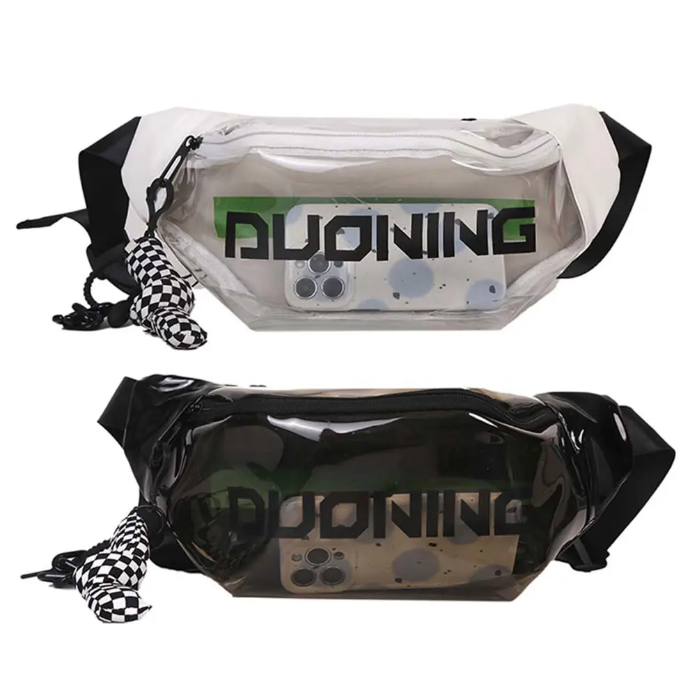 Fashion Crossbody Bag Multi-functional Clear PVC Messenger Bag Letter Printed with Pendant Adjustable Buckle Strap for Women Men