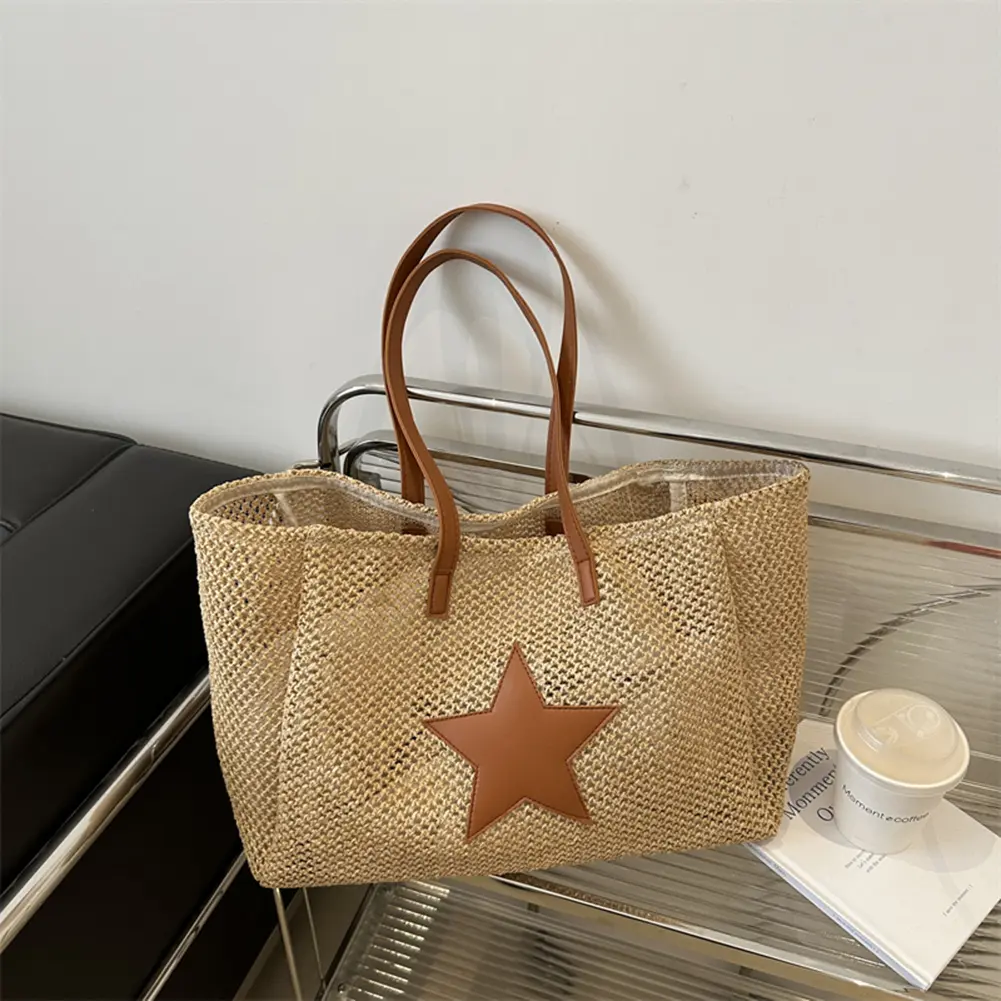 Fashion Star Straw Beach Bag Large Summer Shoulder Bag Woven Hobo Bag Holiday Travel Handbag for Women