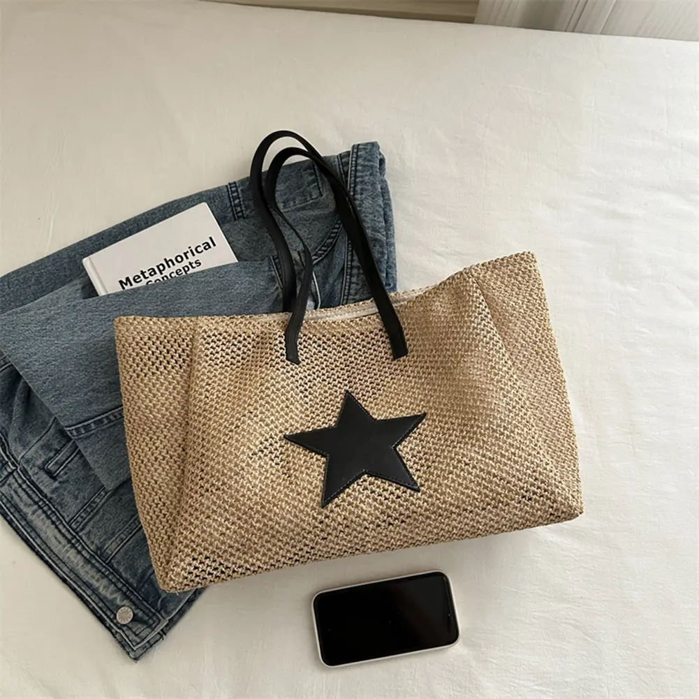 Fashion Star Straw Beach Bag Large Summer Shoulder Bag Woven Hobo Bag Holiday Travel Handbag for Women