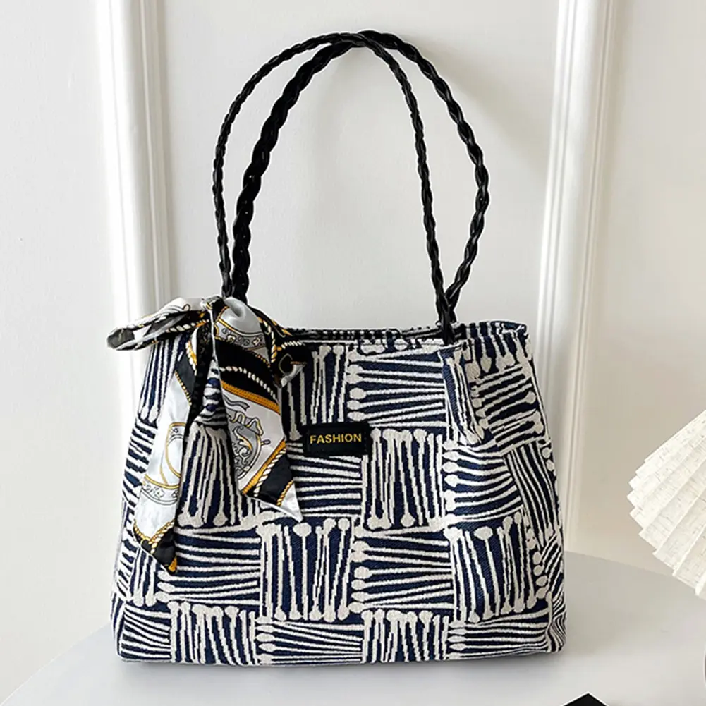 Women Trendy Tote Handbag with Ribbon Stylish Tote Bag Large Capacity Striped Handbag Female Travel Commute Bag