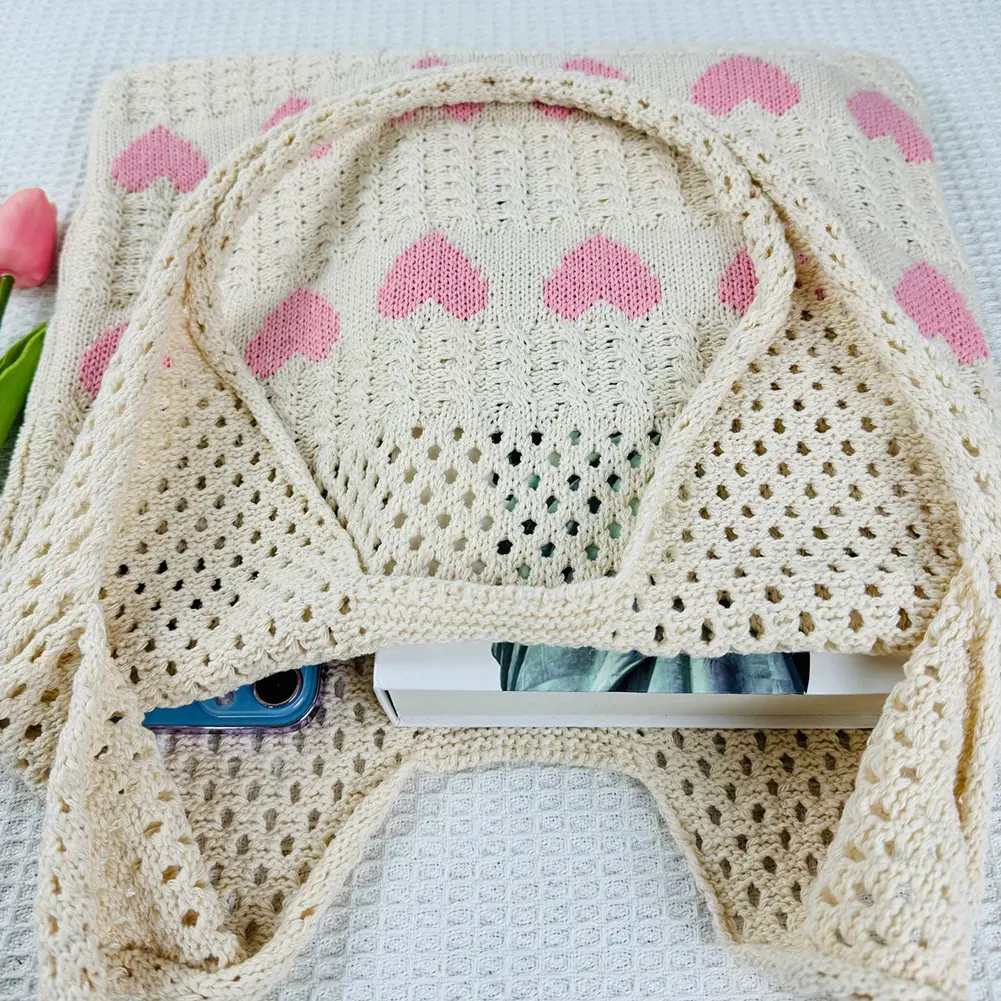 Women Hollow Out Knit Bag Large Capacity Knitted Grocery Bag Contrast Color Travel Shopping Handbag Ladies Daily Handbag