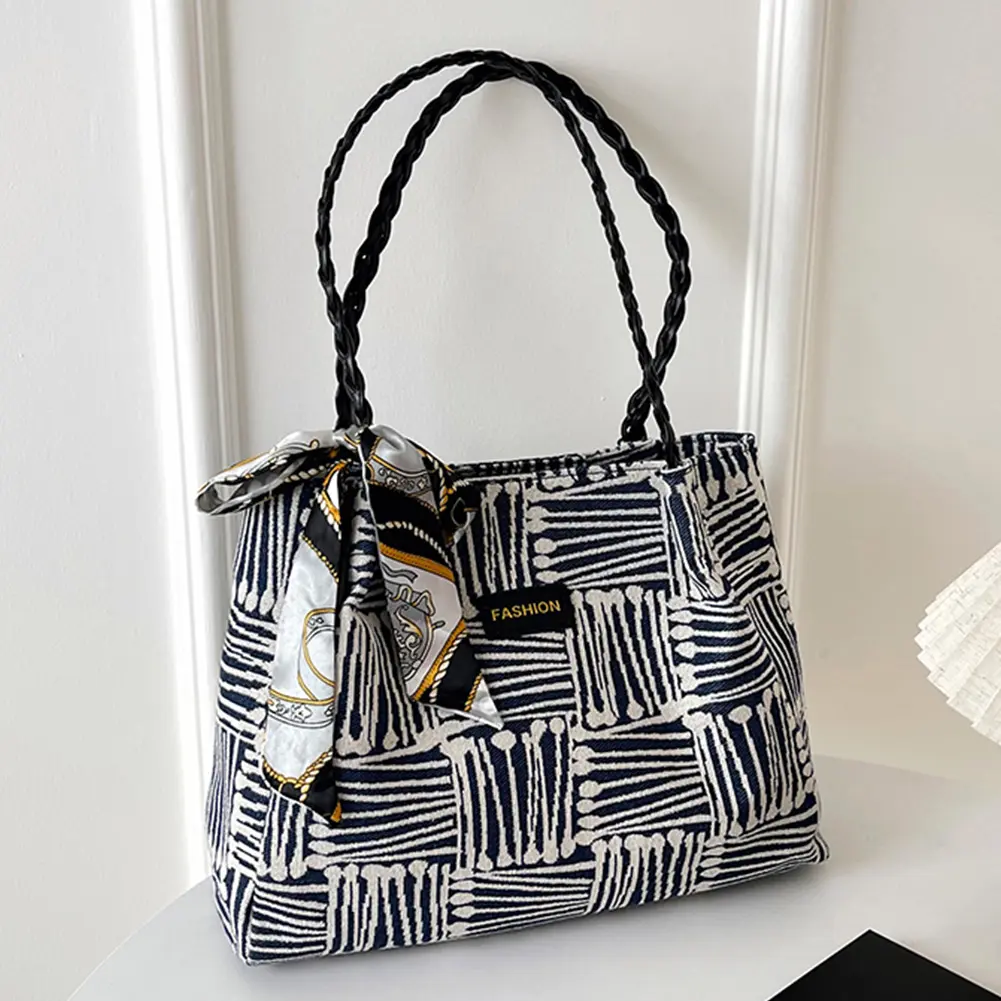 Women Trendy Tote Handbag with Ribbon Stylish Tote Bag Large Capacity Striped Handbag Female Travel Commute Bag