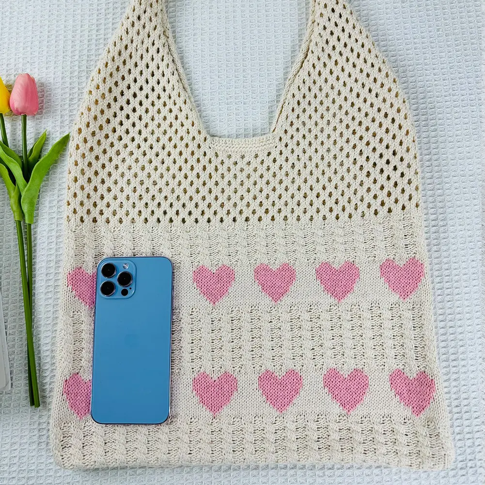 Women Hollow Out Knit Bag Large Capacity Knitted Grocery Bag Contrast Color Travel Shopping Handbag Ladies Daily Handbag
