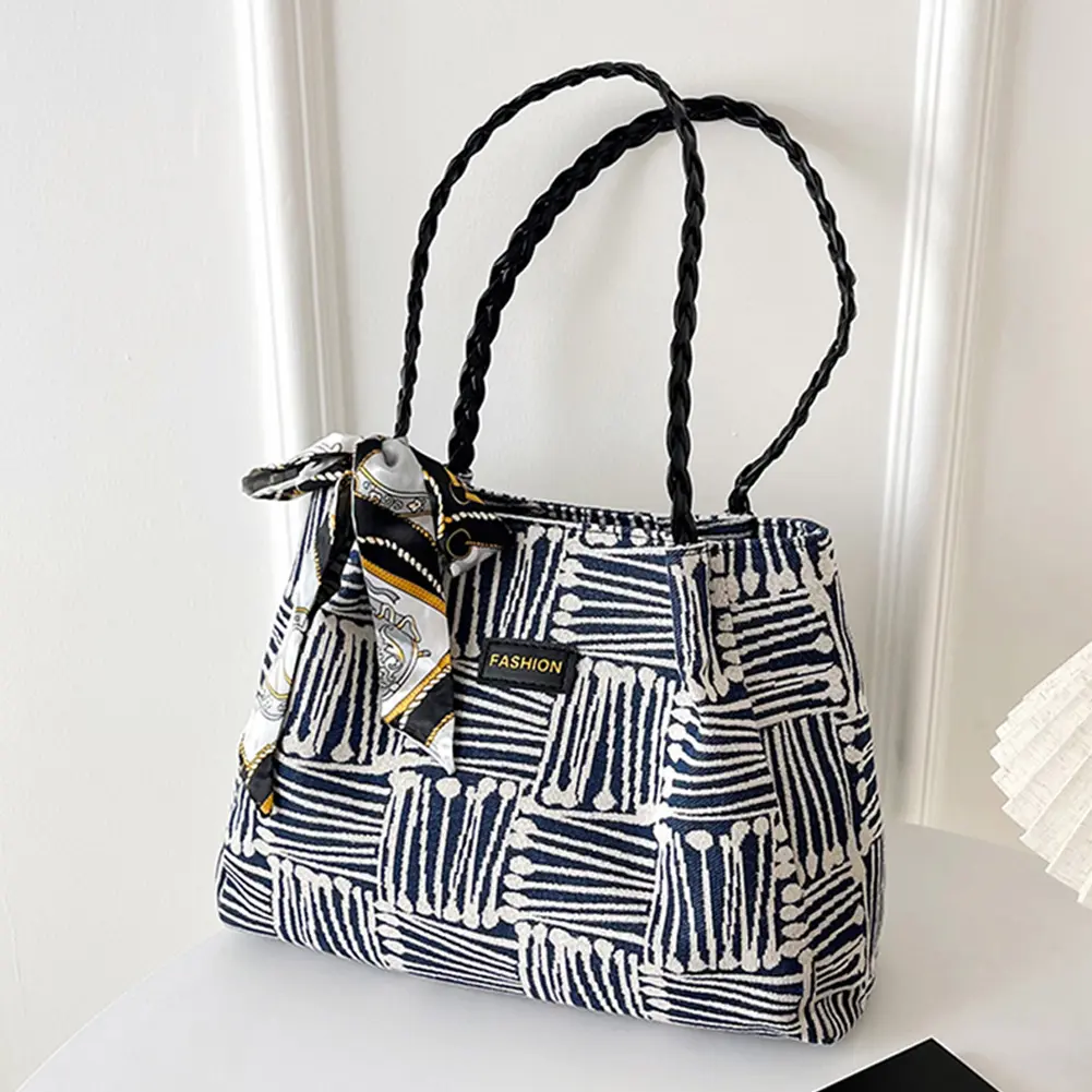 Women Trendy Tote Handbag with Ribbon Stylish Tote Bag Large Capacity Striped Handbag Female Travel Commute Bag