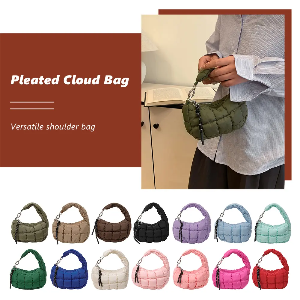 Women Cloud Padded Handbag with Pendant Pleated Quilting Handbag Solid Color Soft Pad Tote Bag Commute Bag