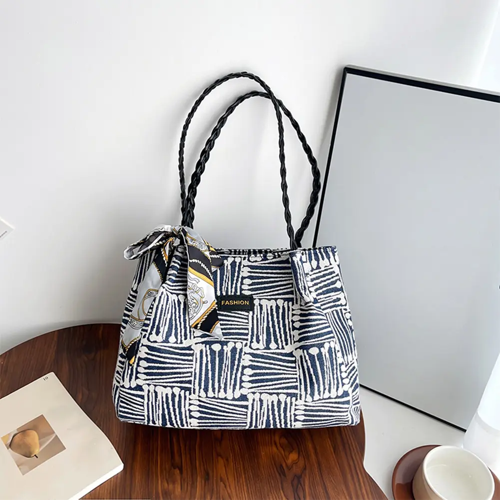 Women Trendy Tote Handbag with Ribbon Stylish Tote Bag Large Capacity Striped Handbag Female Travel Commute Bag